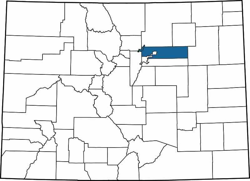 Adams County - Highlighted on a Map of Colorado